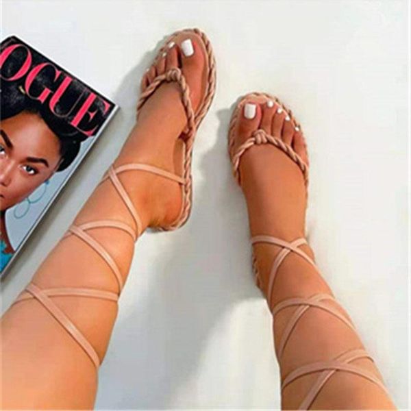 

sandals woman summer gladiator thong 2021 women weave ankle strap flats ladies casual beach shoes female footwear plus size, Black
