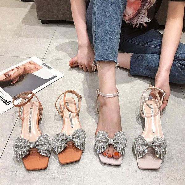 

beige heeled sandals 2021 summer low-heeled shoes with strap open toe black low-heeled flat buckle girls bow gladiator peep rhin