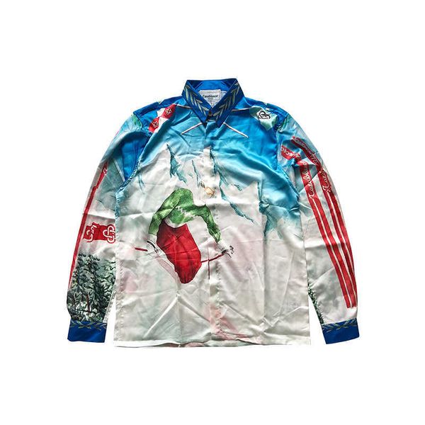 

men's casual shirts casablanca snow mountain skiing lazy minority design trend loose long sleeve silk shirt, White;black