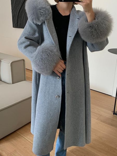 

women's wool & blends women elegant notched collar double breasted genuine fur overcoat s330, Black