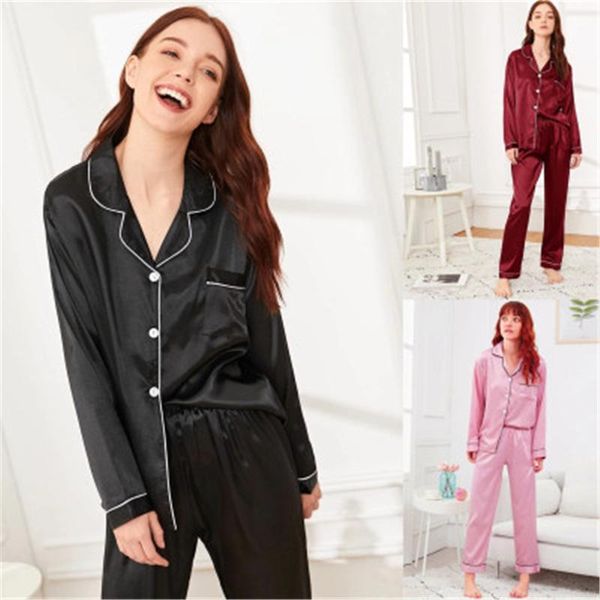 

womens solid colors pajamas sets fashion trend plus size long sleeve pant home 2pcs suits female spring new casual loose sleepwear, Black;red