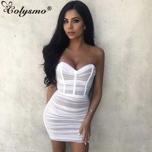 

colysmo women mesh dress strapless sweetheart neckline summer party es white mini ruched bodycon short 210527, Black;gray