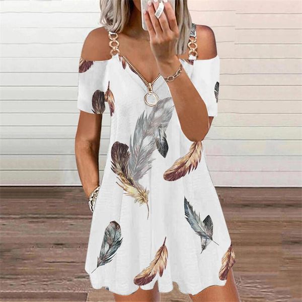 

casual dresses ladies feather printed sling off the shoulder v neck shopping loose short sleeve vestidos for women, Black;gray