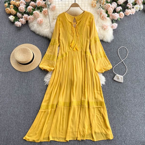 

vintage embroidered long dress women red/yellow/white vestidos female puff sleeve loose robe ladies vacation beach 2021 new, Black;gray