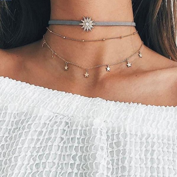 

chokers vintage sun pendant layered necklace for women fashion star aesthetic collarbone chain choker jewelry initial charm party gift, Golden;silver