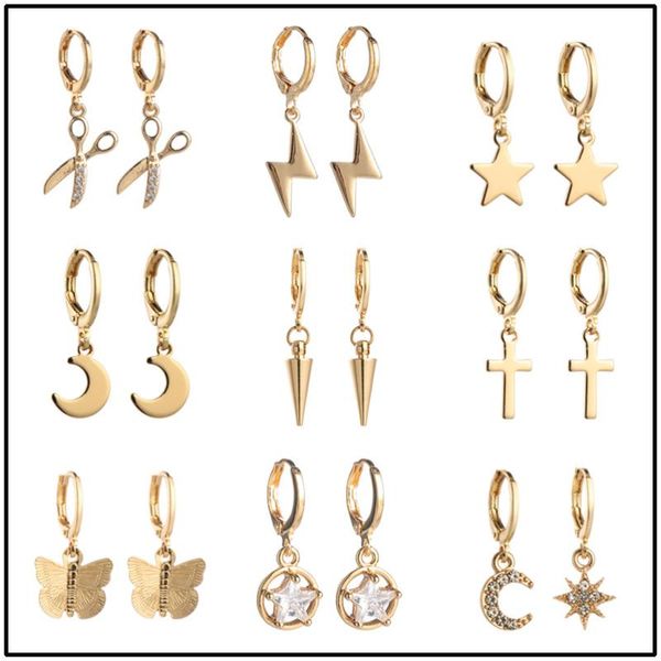 

hoop & huggie lovely small silver color earrings for women star moon crystal jewelry fashion metal cone accessories, Golden;silver
