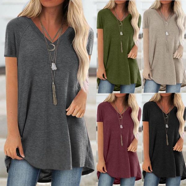 

women plus size solid v neck t-shirt short sleeved long t-shirt casual basic tees streetwear summer 2021 new, White