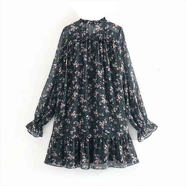 

women ruffle bow tie mini floral print dress vintage long sleeve casual loose pleated dress ruffles party vestidos, Black;gray