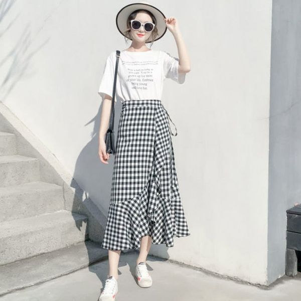 

skirts 2021 spring and summer plaid women's a-shaped lace up wrap irregular fishtail skirt, Black