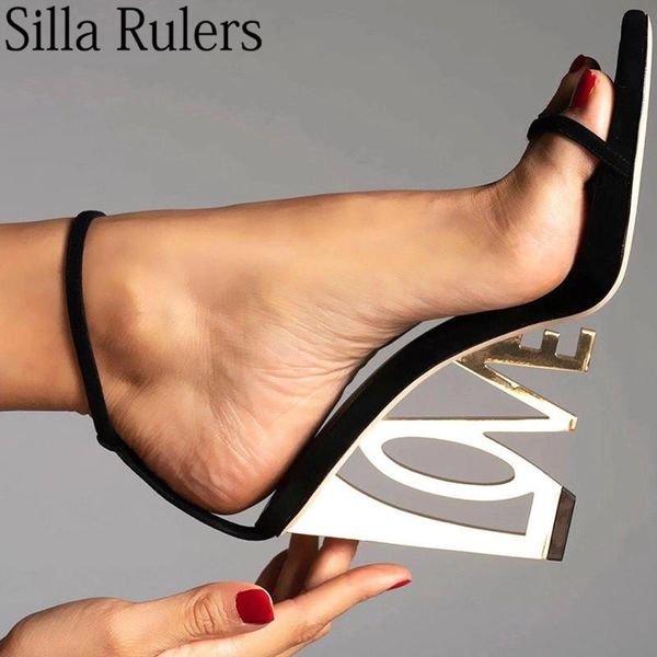 

sandals runway gold metal love heels woman black one strap wedge high gladiator shoes ladies party dress