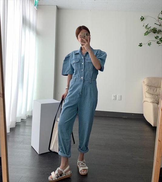 

vintage lapel puff sleeve casual women romper bodysuit with pockets spring loose cotton blue ankle length, Black;white