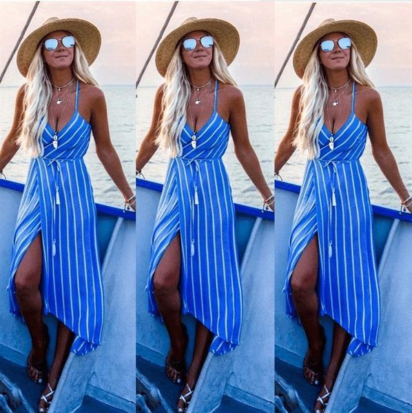 

2021 new womens dresses irregular women's dress with fashion printed striped halter strap drop shipping good quality, Black;gray