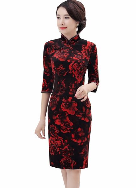 

ethnic clothing shanghai story red floral black velvet qipao chinese traditional dress 3/4 sleeve cheongsam knee length oriental