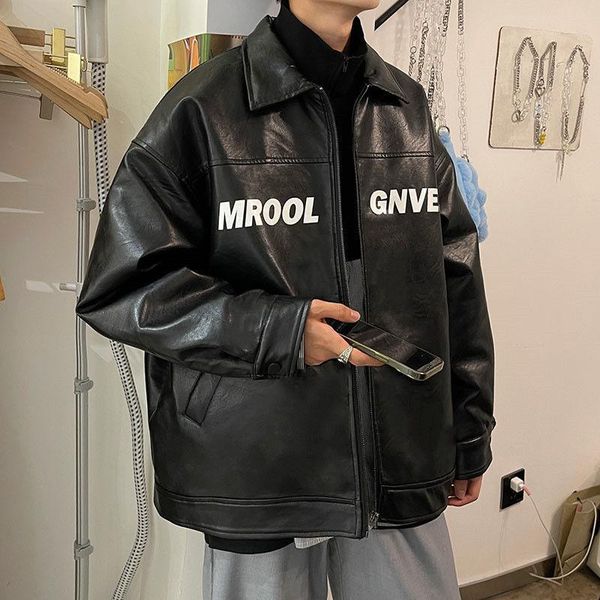 

Men's Jackets Hybskr Letter Graphic PU Leather Jacket Men High Street Style Oversized Male Winter Coat 2021 Harajuku Fashion Unisex Clothing, Black;brown