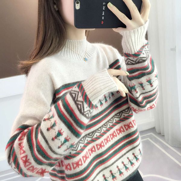 

net red christmas girl sweater loose lazy style for women to wear the new thickened base coat in 2021 autumn and winter, White;black
