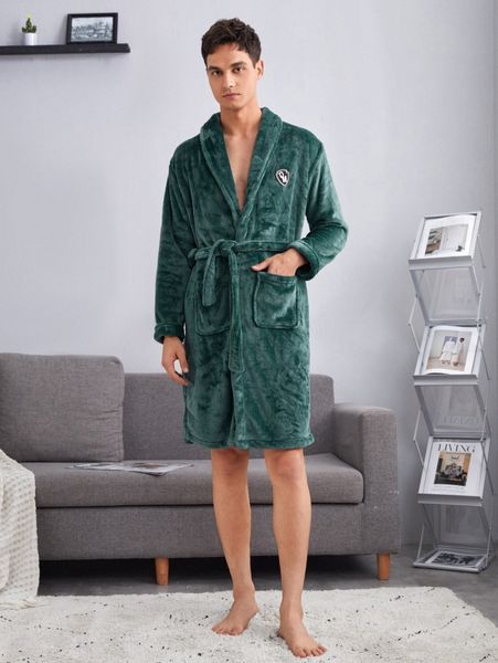 

men letter patch detail pocket patched belted flannel robe v403#, Black;brown
