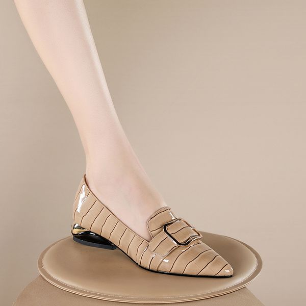 

Womens genuine leather metal buckle slip-on flats leisure soft comfortable pointed toe casual female daily driver shoes womenDress Shoes, Brown