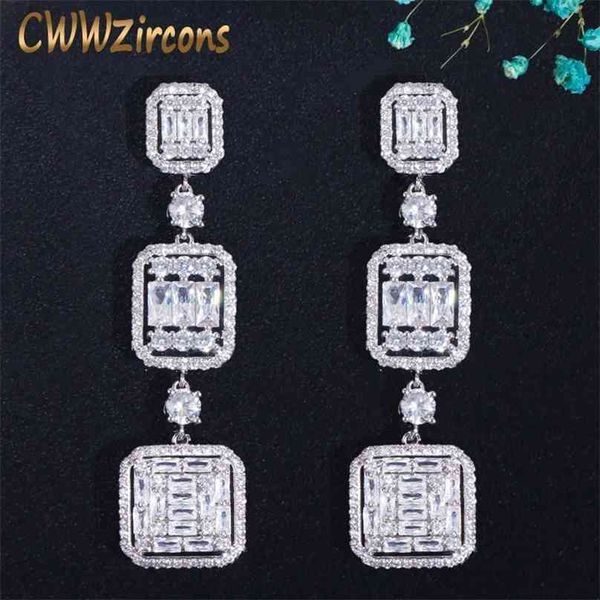 

cwwzircons very shiny square white cubic zirconia z silver long dangle drop engagement party earring jewelry for women cz710 210625, Golden;silver