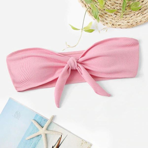 

women's swimwear est 2021 girl beach bathing suits strapless off shoulder bowknot front knot bodysuit suit summer biquini, White;black