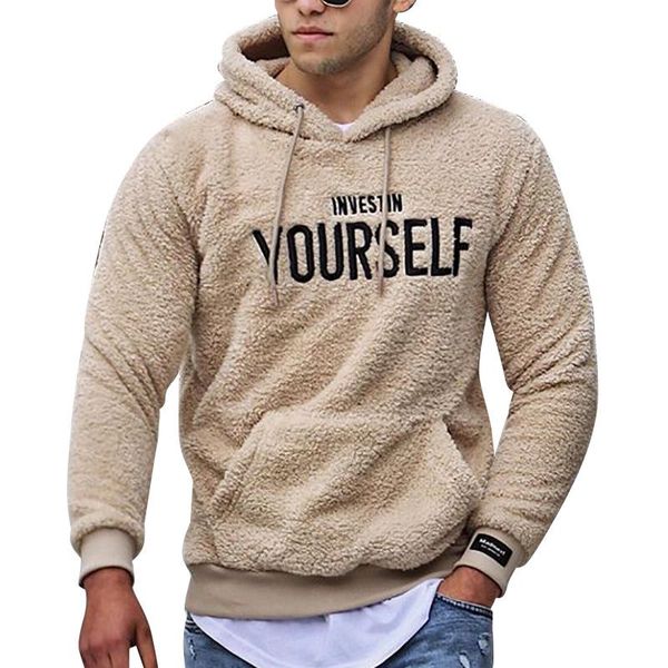 

men's hoodies & sweatshirts winter mens warm plush fleece hoodie letter embroidery casual long sleeve hooded pullover coat male, Black