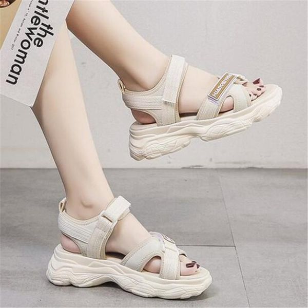 

sandals 2021 summer canvas hook & loop platform for women chunky sports style double buckle open toe wedges beach shoes, Black