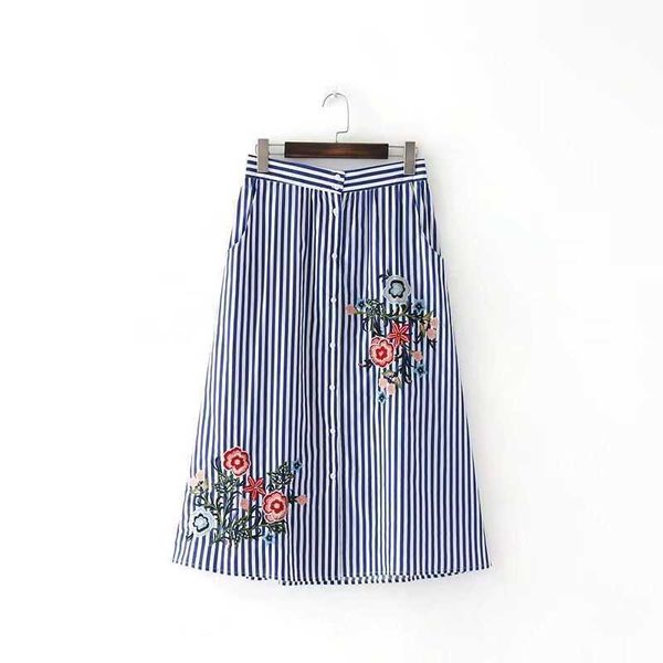 

women vintage flower embroidery striped casual skirt lady fashion vestidos buttons pocket loose slim skirt qun013 210603, Black