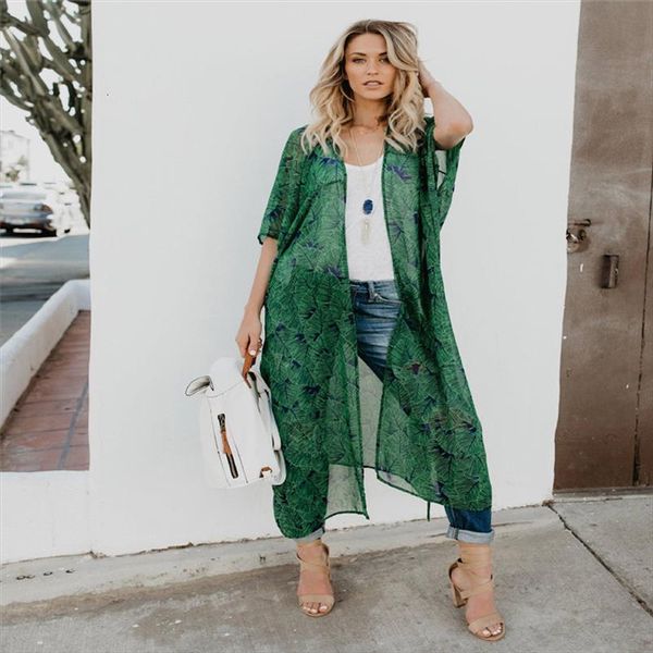 

long kimono summer women blouses short sleeve tunic transparent green print casual shirt boho clothing, White