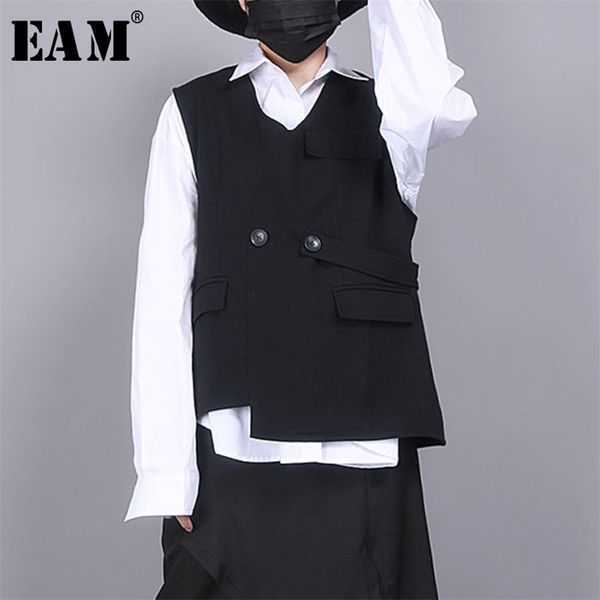 

[eam] women loose fit black asymmetrical split big size vest v-collar sleeveless fashion spring autumn 1r853 210817, Black;white