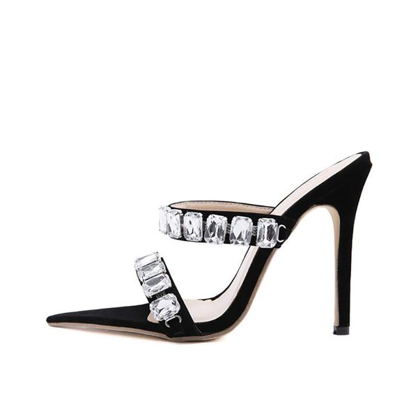 

2021 women rhinestone sandals high heel mules shoes fashion brand design summer wedding sandals women pointed toe pumps, Black