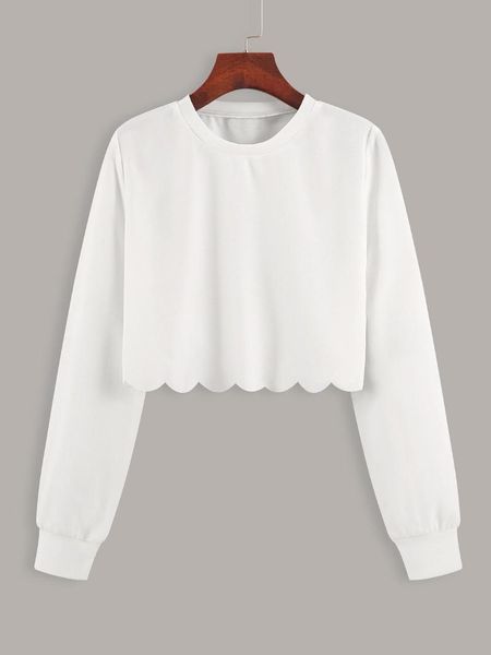 

women's hoodies & sweatshirts scallop trim round neck long sleeve spring autumn white short sweatshirt, Black