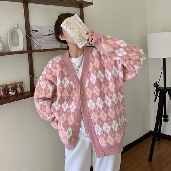 

pink spring autumn v neck argyle knitted cardigan sweater women fashion casual long sleeve loose single breasted outwear, White