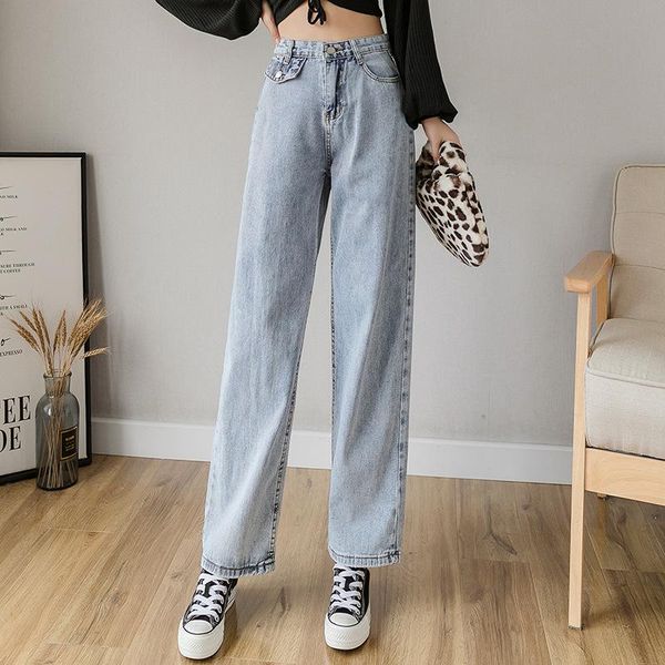 

women's jeans spring high waist wide leg straight for women s  l xl, Blue