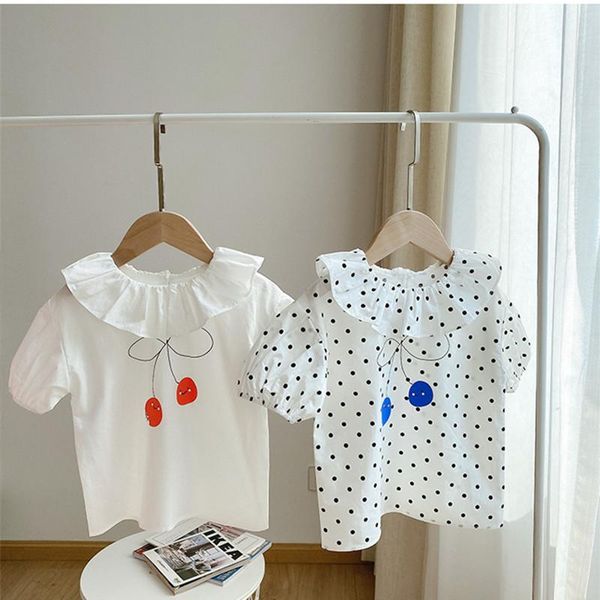 

shirts 2021 summer cherry printed baby girls cute blouses korean style kids clothes polka dots toddlers children puff sleeve, White;black