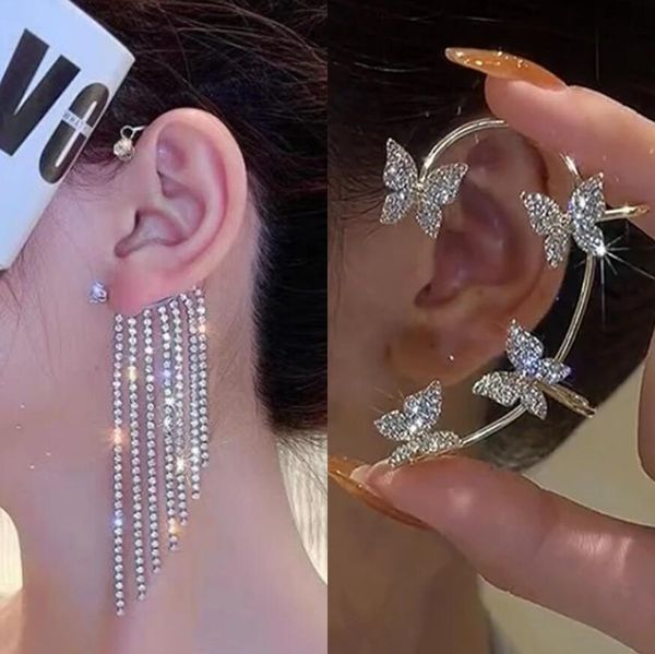 Clip per l'orecchio a farfalla in metallo placcato argento alla moda senza piercing per le donne Orecchini a clip per polsini con zirconi scintillanti Gioielli da sposa