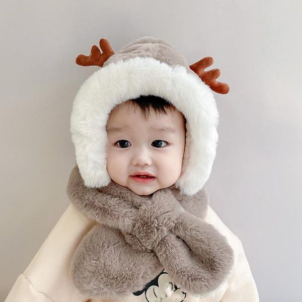 

caps & hats winter baby thickened antlers cotton cap scarf hat one-piece boys girls cute comfortable warm and windproof plush, Yellow