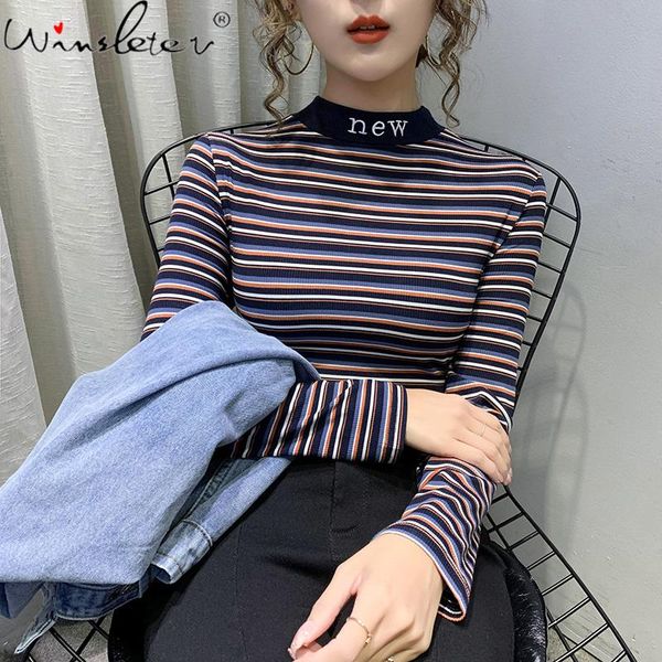 

women's t-shirt spring fall korean style color stripe fashion mock neck women bottoming shirt long sleeve cotton tees 2021 t11007a, White