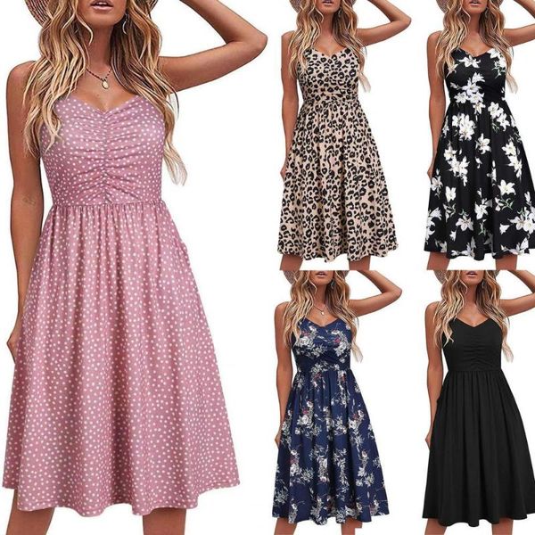 

casual dresses ladies dress floral print women backless sleeveless v-neck short summer sling for 2021 vestido de mujer, Black;gray