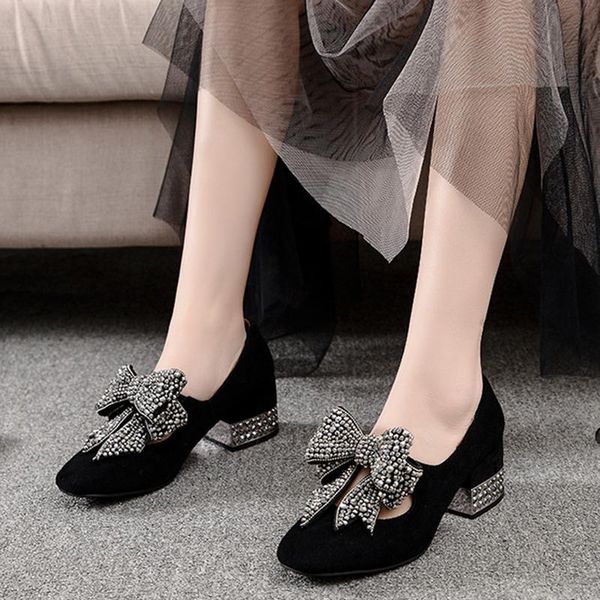 

dress shoes retro square head high heels runway women 2021 spring pumps black suede rhinestone bow ladies single
