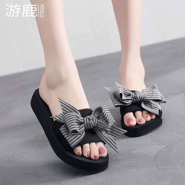 

slippers summer elegant butterfly-knot sandals casual high heel wedges flip flops non-slip women beach multipurpose shoes, Black