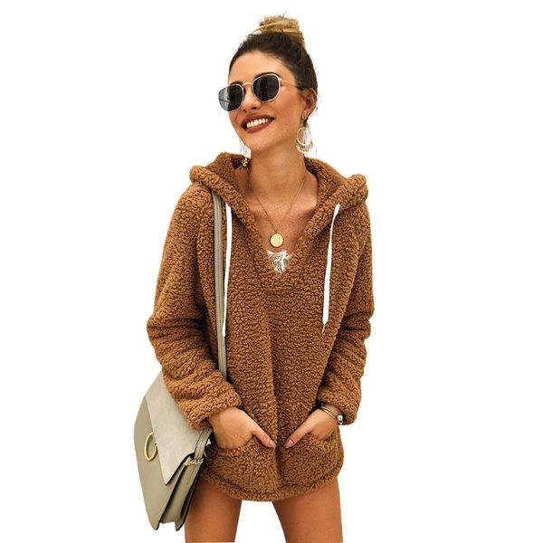 

women's hoodies & sweatshirts fleece autumn winter pullover women pockets thick hooded oversized faux fur coat overcoat solid plus size, Black