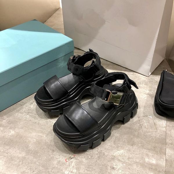 

2021 summer luxury brands genuine leather women sandals buckles adornment 7.5cm muffin thick sport sole sandals, Black