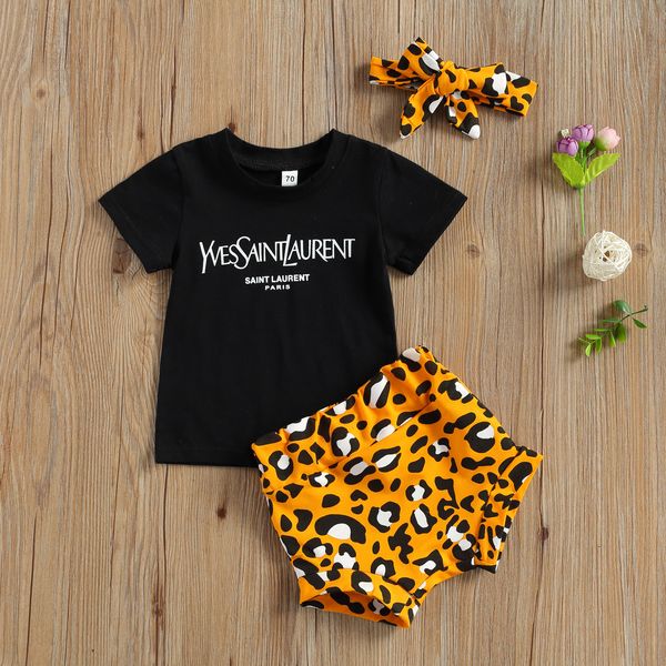 

0-3y summer infant baby girls clothes sets 3pcs letter short sleeve pullover t shirts leopard shorts headband, White