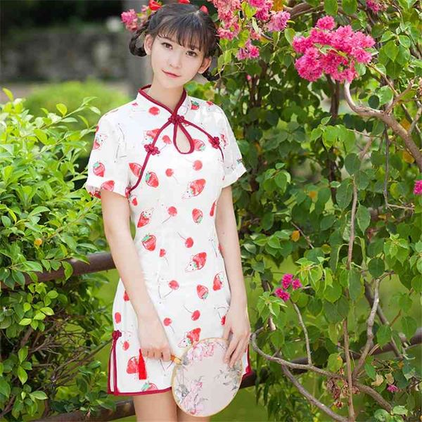 

women's t-shirt sweet lolita vintage dress teen girls cute strawberry rabbit cheongsam women chinese style hollow out split cospla, White