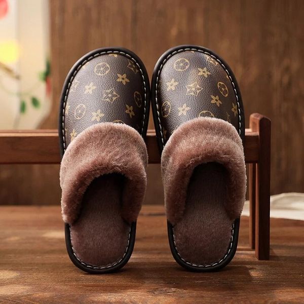 

slippers winter waterproof leather men indoor shoes home soft bottom footwear non-slip warm plush cotton women, Black