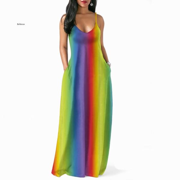 Indumenti da notte da donna Abito con stampa girasole arcobaleno Abito estivo da donna con scollo a V senza maniche Abiti lunghi larghi a righe maxi Abiti da spiaggia Abiti Taglie forti