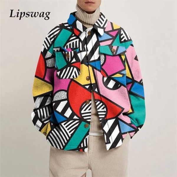 

fashion autumn vintage print turn-down collar shirts loose buttons cardigan jacket men casual long sleeve coat streetwear 211214, Black;brown