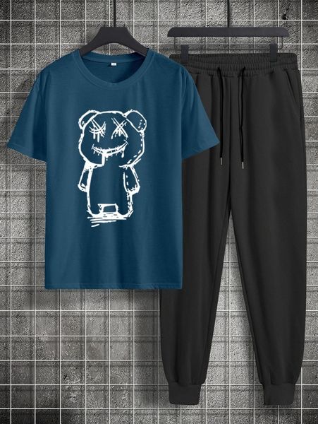 

men bear print tee & drawstring waist sweatpants i0fm#, Gray