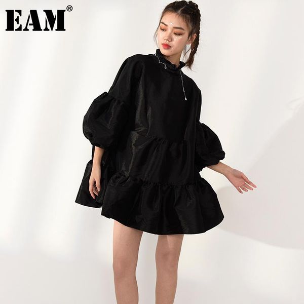 

[eam] women black ruffles temperament dress new stand collar three-quarter sleeve loose fit fashion spring autumn 2021 jk85201, Black;gray