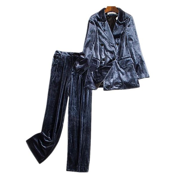 

women's two piece pants velvet suit high-end fashion slim two-piece double-breasted blazer+ wide leg ladies casual, White