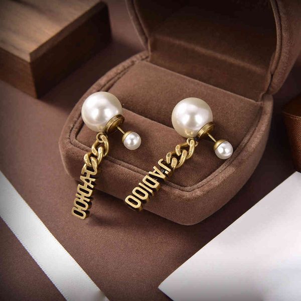 

70% off luxury jewelry 2021 new brass letter double sided pearl earrings 925 silver needle, Golden